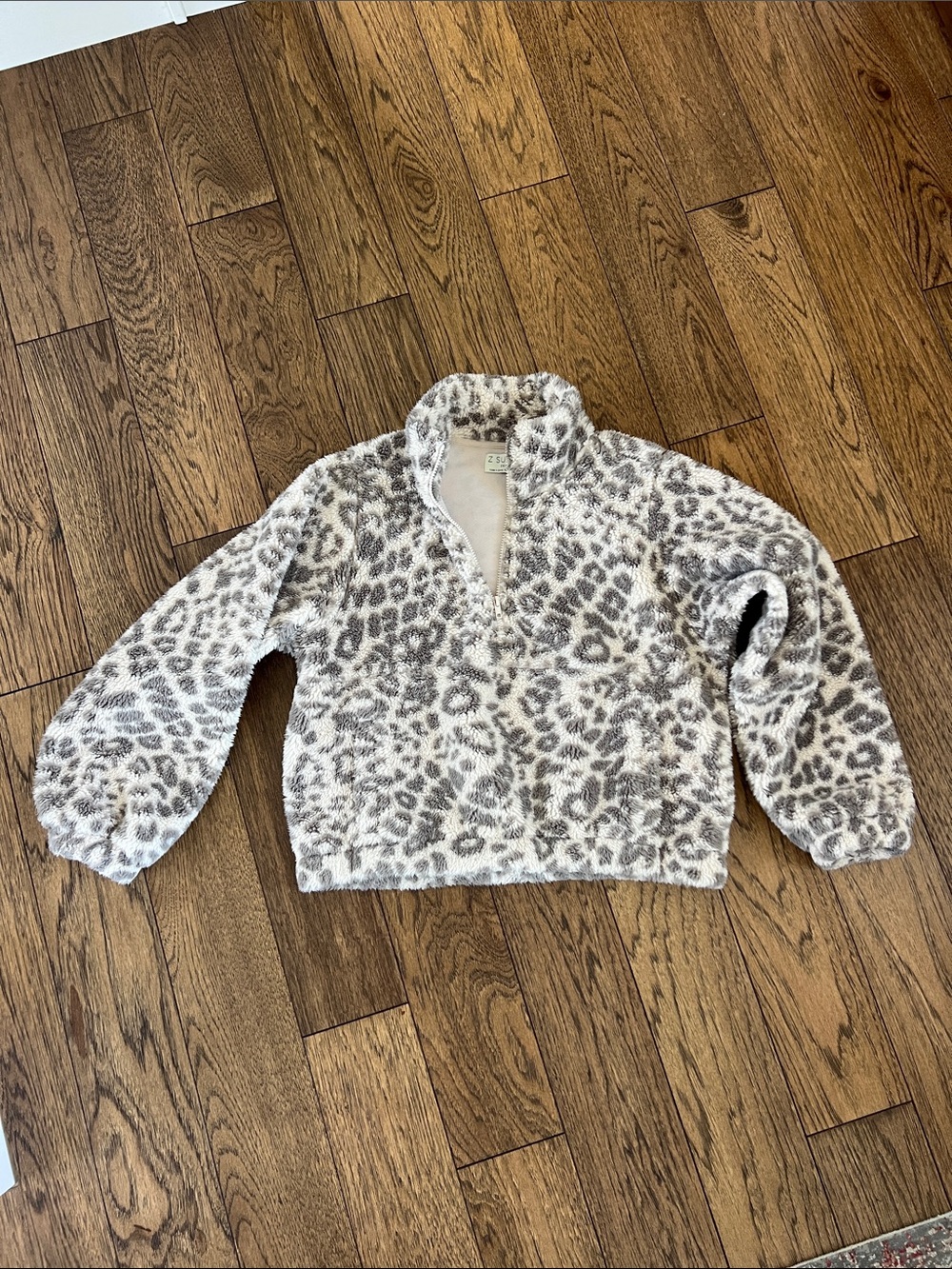 Z Supply Sherpa-Trim 3/4 Zip Pullover in Cream & Gray Leopard SMALL